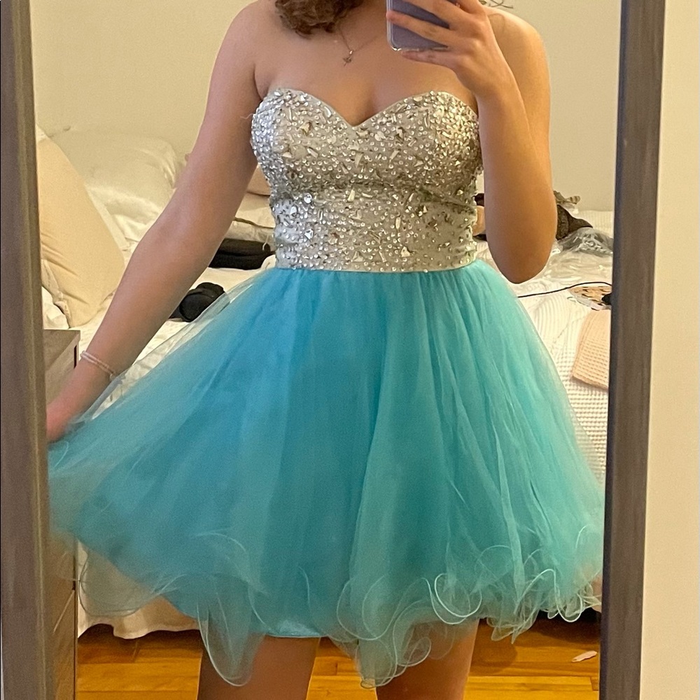 Short Blue Jewelled Prom Dress